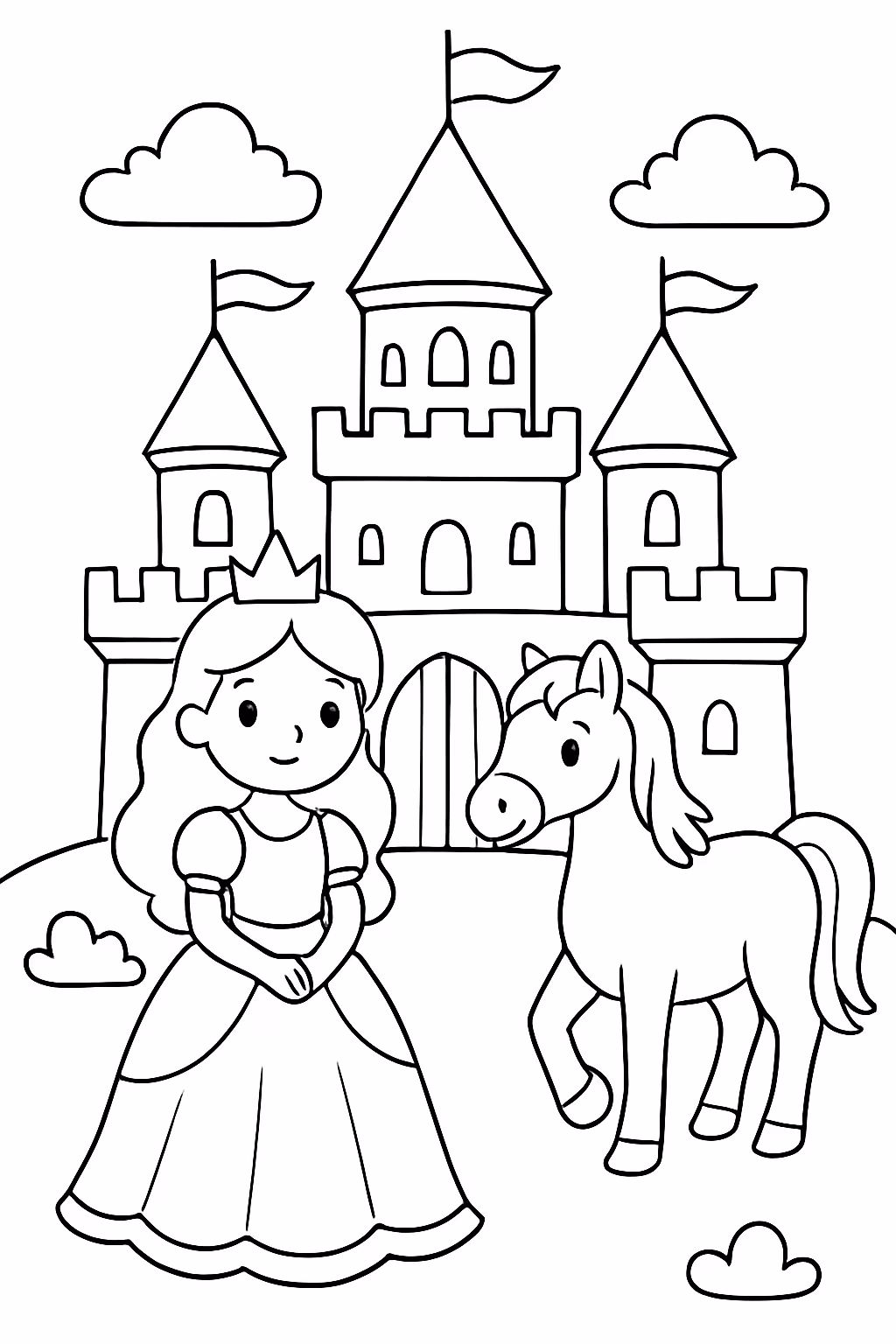 Castelo princesa e cavalo para colorir — desenho para imprimir