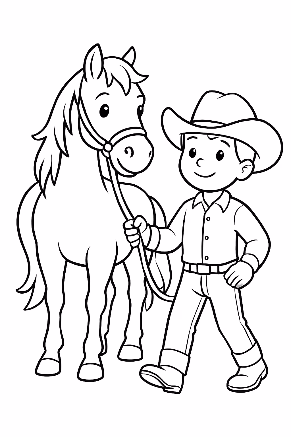 Cavalo baio dorado com um menino puxando ele pelo boca para colorir — desenho para imprimir