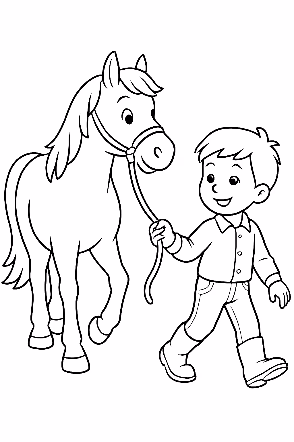 Cavalo baio dotado com um menino puxando ele pelo boca para colorir — desenho para imprimir