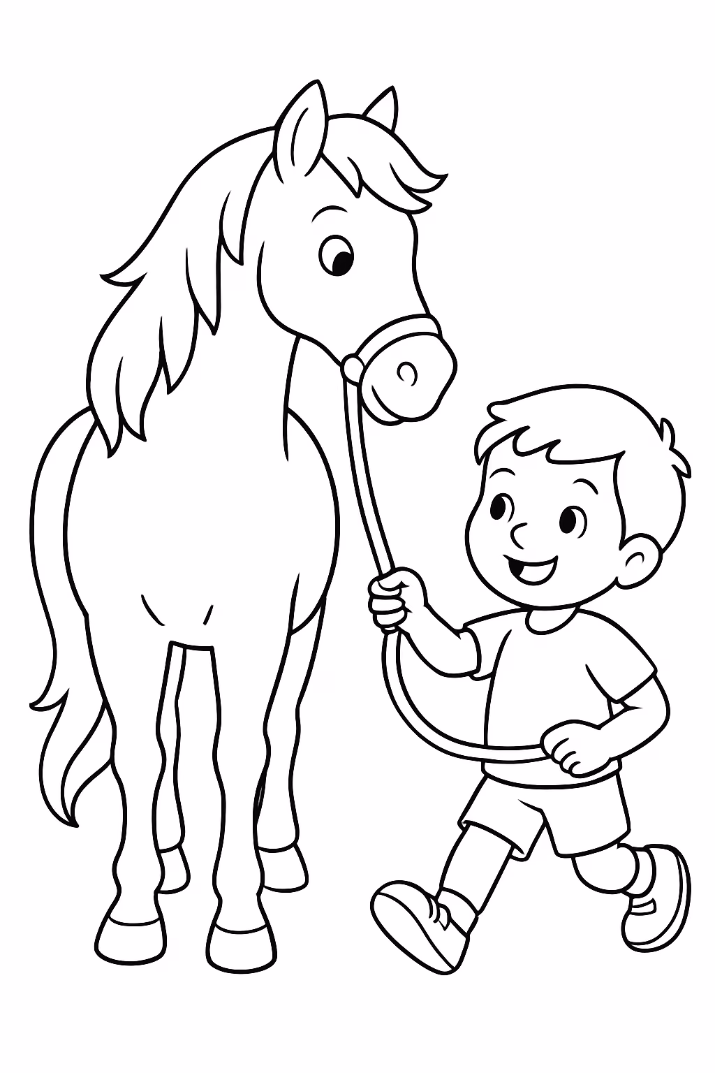 Cavalo baio dotado com um menino puxando ele pelo bocal para colorir — desenho para imprimir
