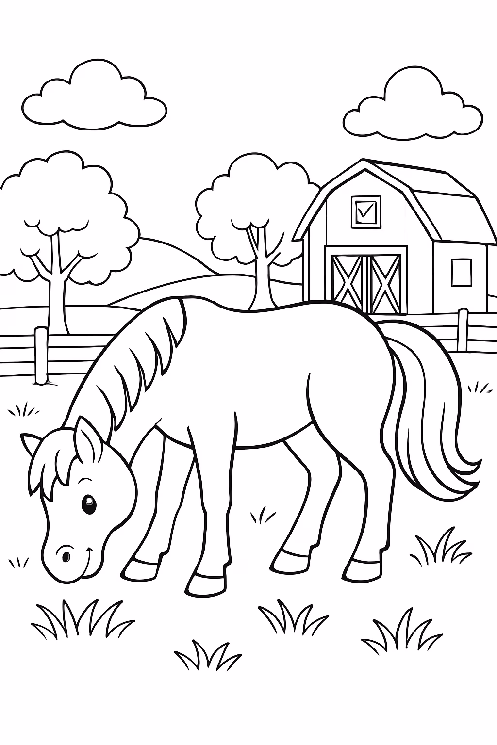 Cavalo pastando num campo com grama e arvores e um para colorir — desenho para imprimir