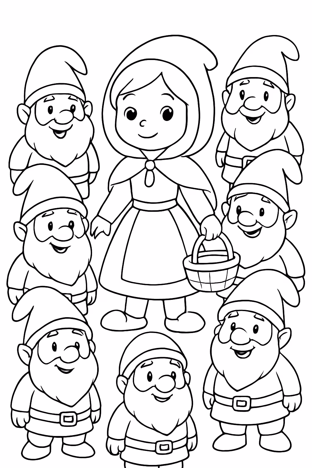 Chapeuzinho vermelho com os anoes para colorir — desenho para imprimir