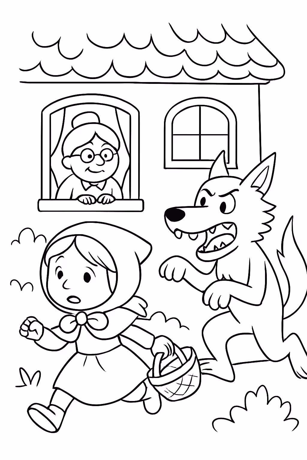 Chapeuzinho vermelho fugindo do lobo e a vovozinha olhando para colorir — desenho para imprimir