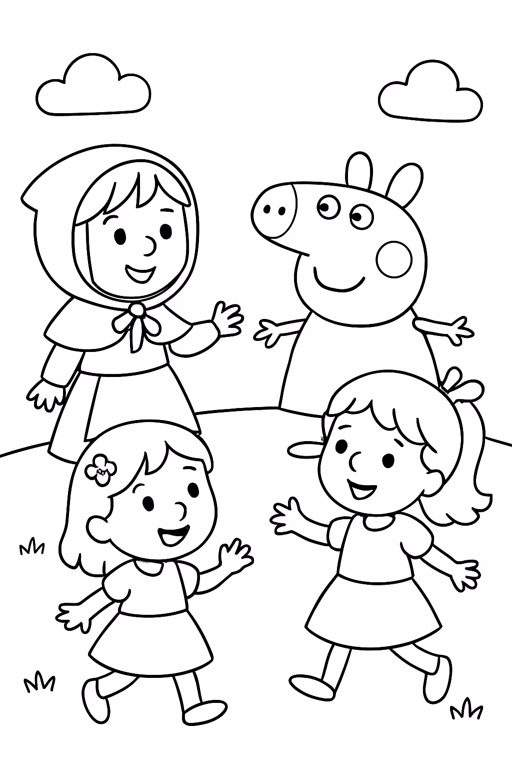 Chapeuzinho vermelho peppa pig e mais duas meninas brincando para colorir — desenho para imprimir
