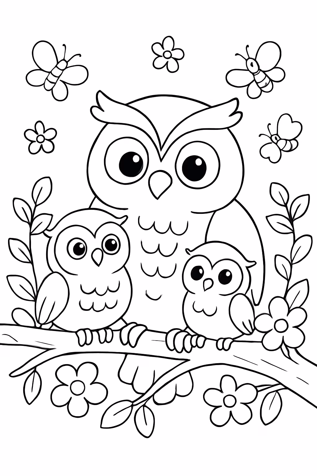 Coruja mae com duas filhotes uma amior e outra menor para colorir — desenho para imprimir