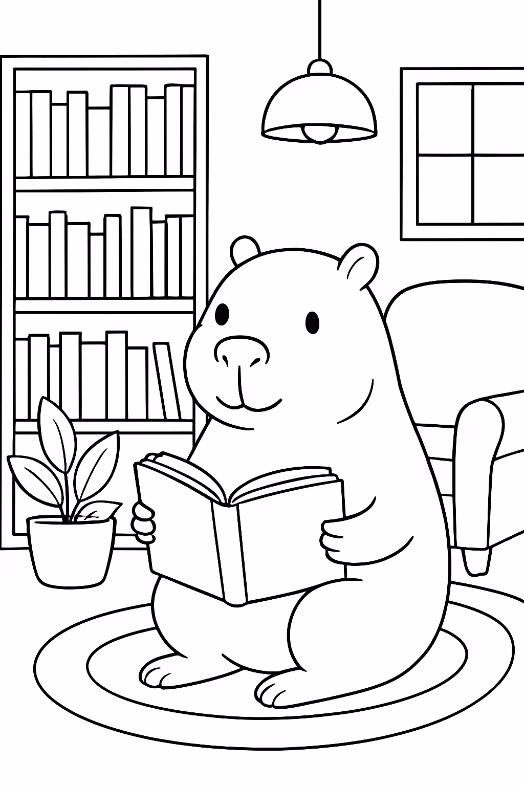Cozy minimalist library capibara para colorir — desenho para imprimir