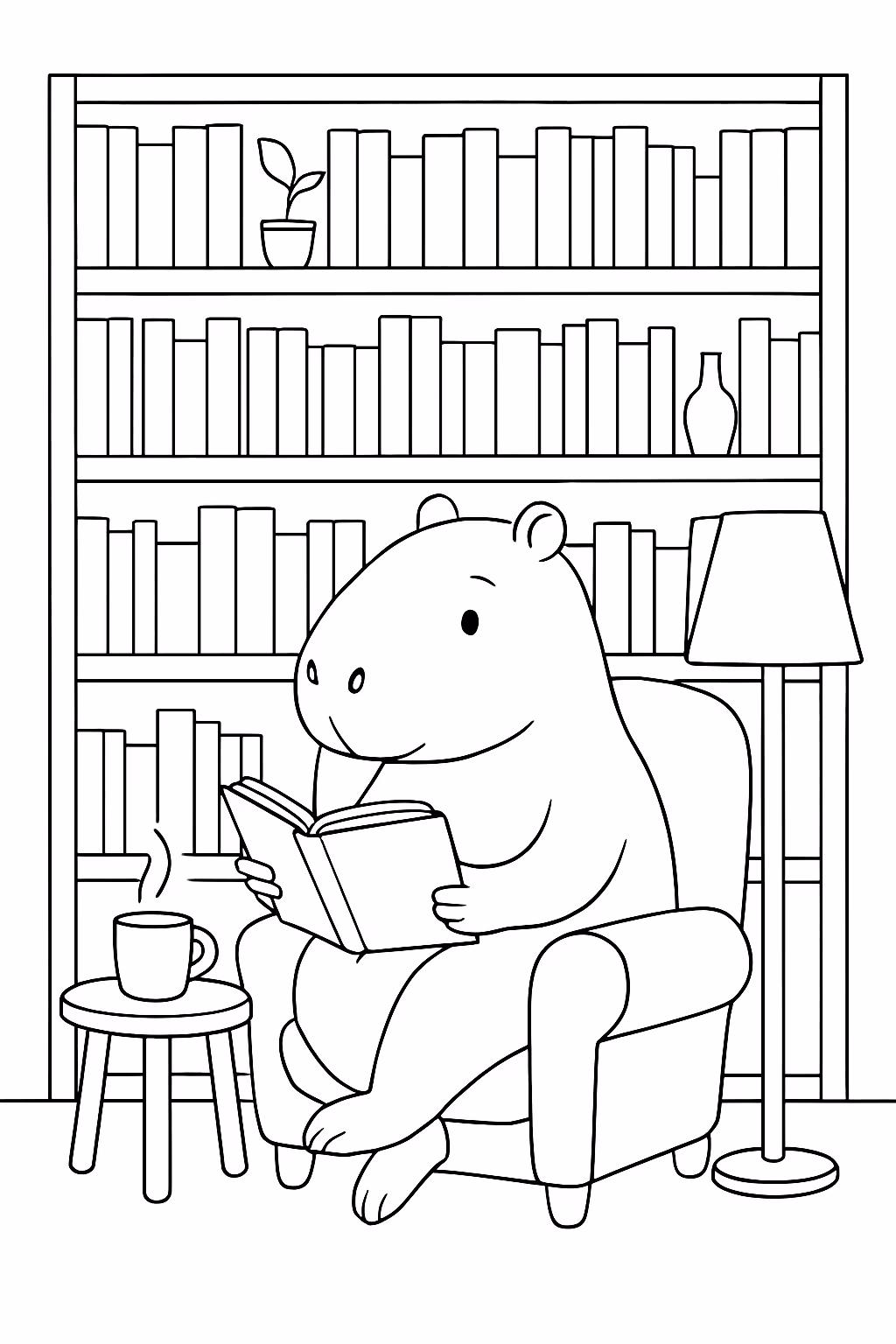 Cozy minimalist library capibara detalhado para colorir — desenho para imprimir