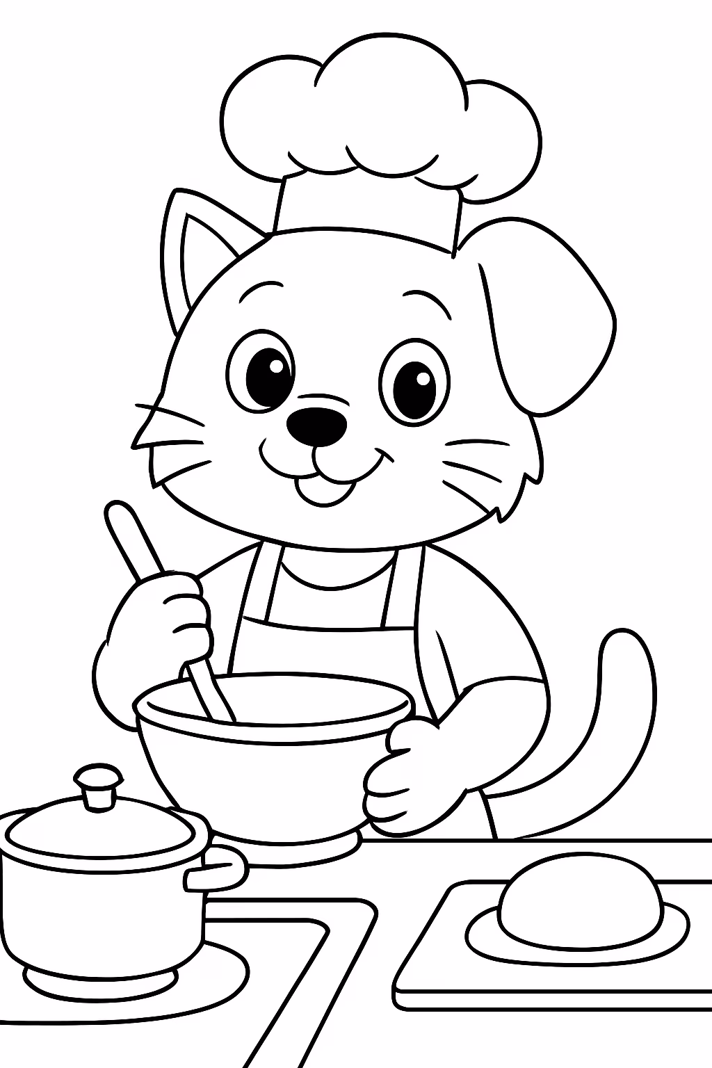 Cria um gato misturado com um cao a cozinhar para colorir — desenho para imprimir