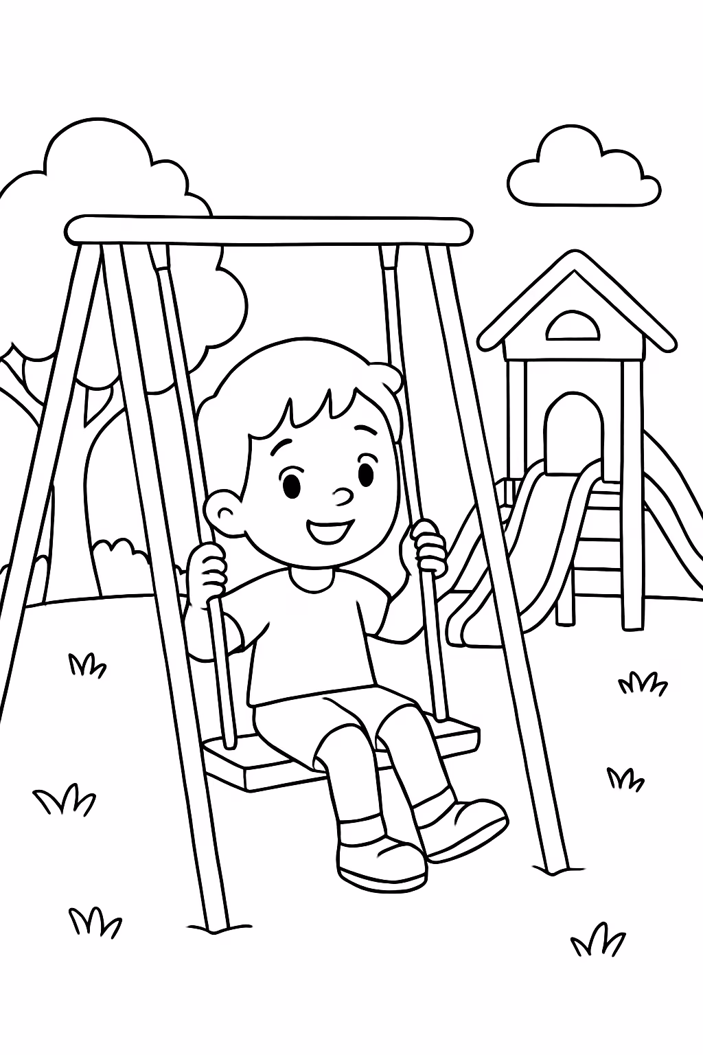 Crianca brincando no parquinho para colorir — desenho para imprimir