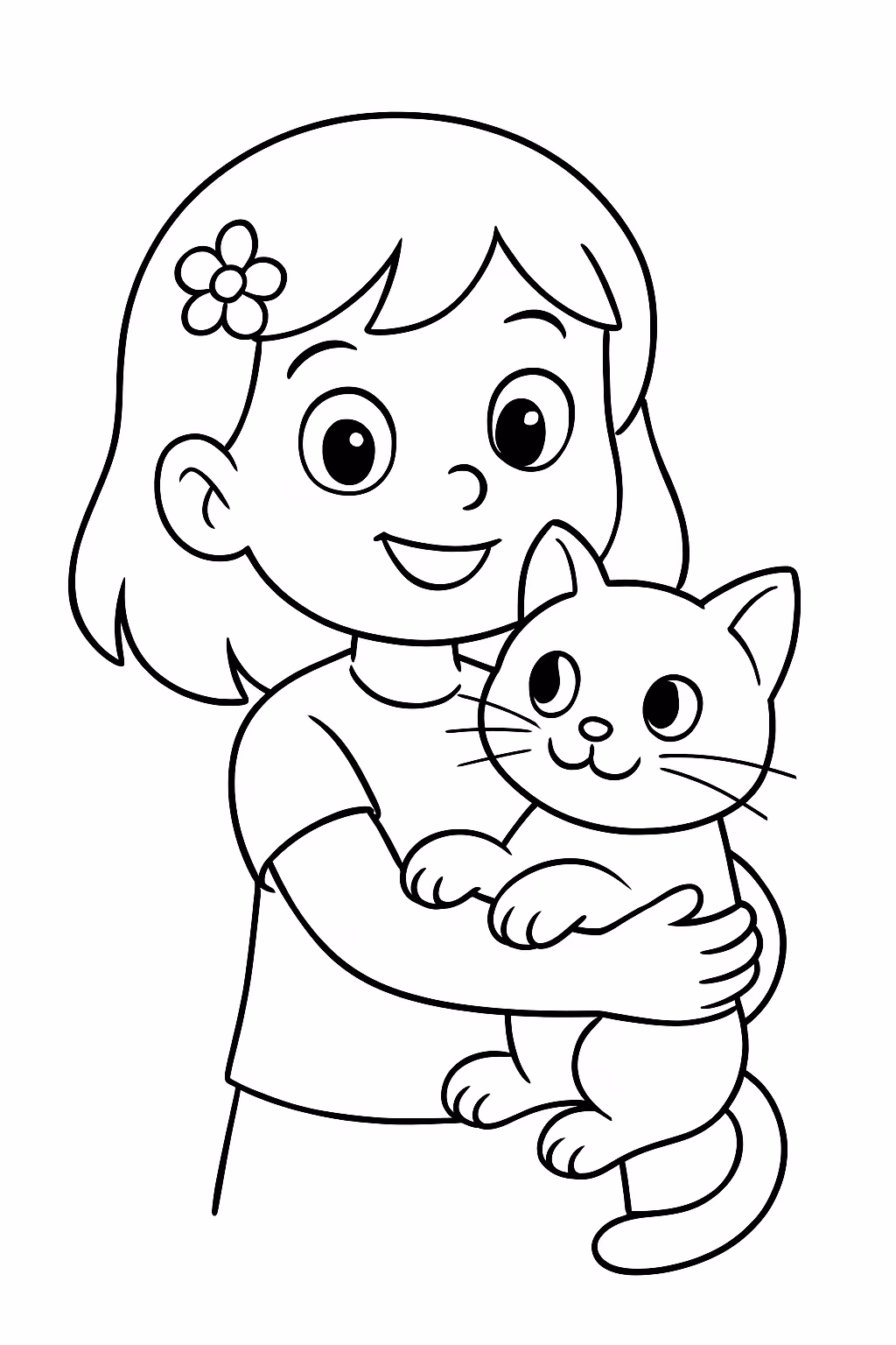 Crianca com gato para colorir — desenho para imprimir
