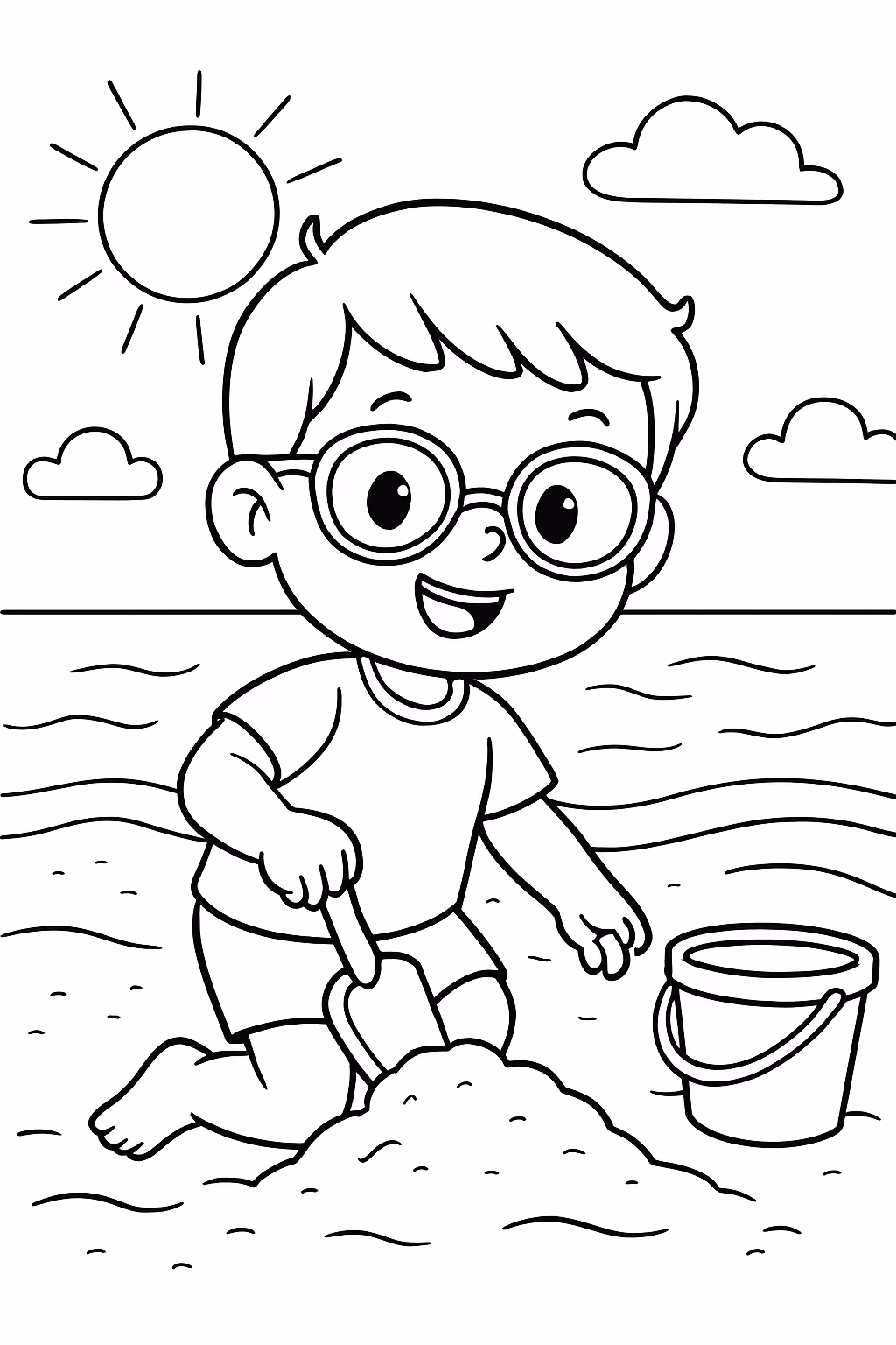 Crianca de anos com oculos brincando na praia para colorir — desenho para imprimir
