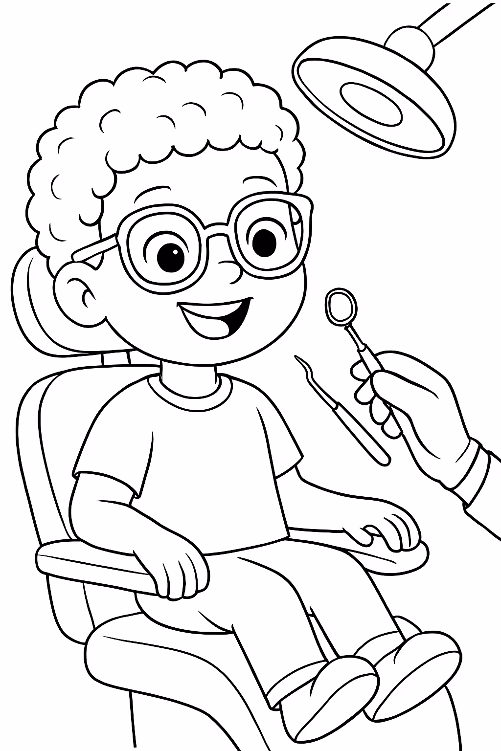 Crianca em uma dentista de cabelo bem curto encaracolado que para colorir — desenho para imprimir