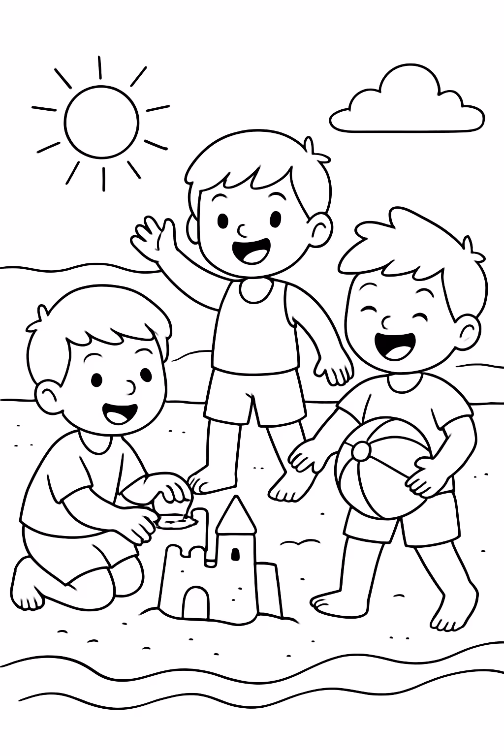 Criancas brincando na praia so meninos para colorir — desenho para imprimir