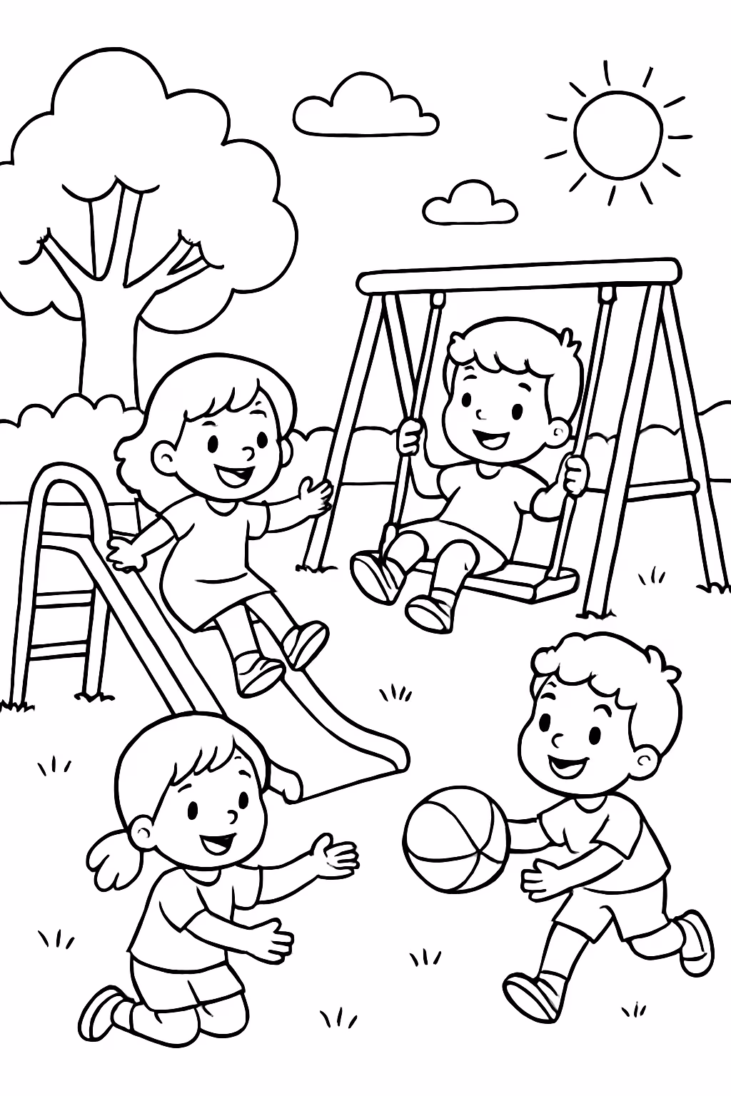 Criancas brincando no parque para colorir — desenho para imprimir
