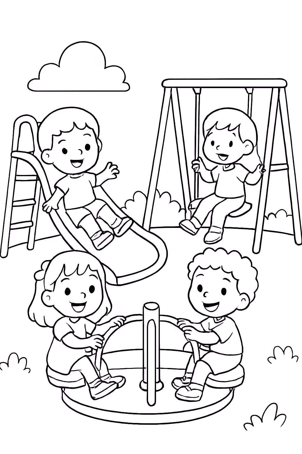 Criancas brincando no parquinho para colorir — desenho para imprimir