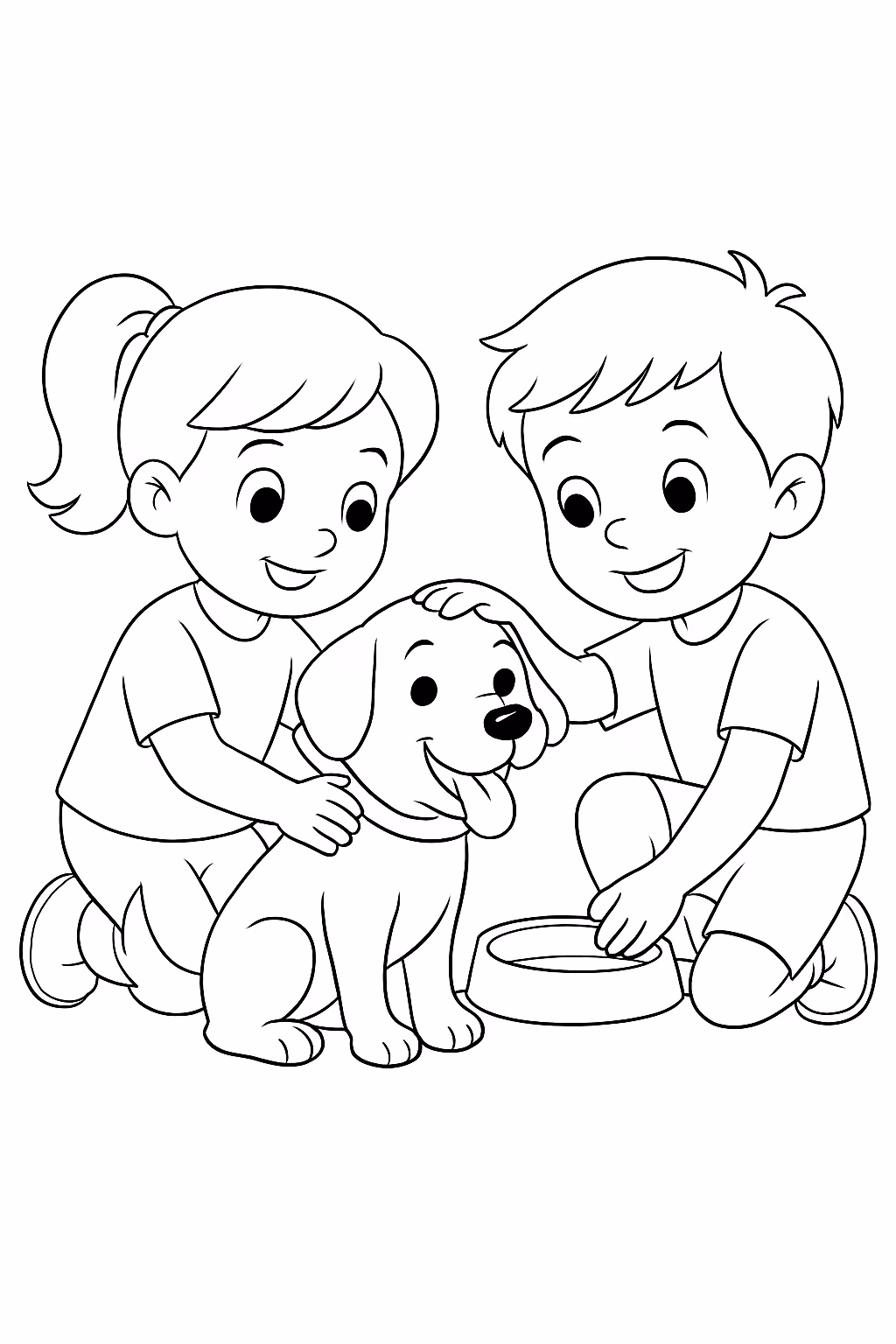 Criancas cuidando de cachorro para colorir — desenho para imprimir