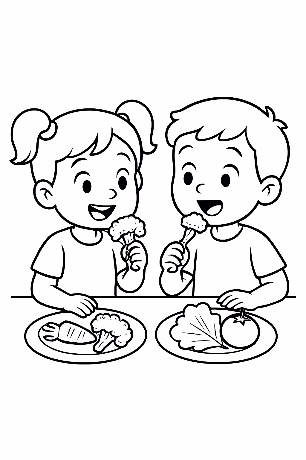 Criancas experimentando novos alimentos para colorir — desenho para imprimir