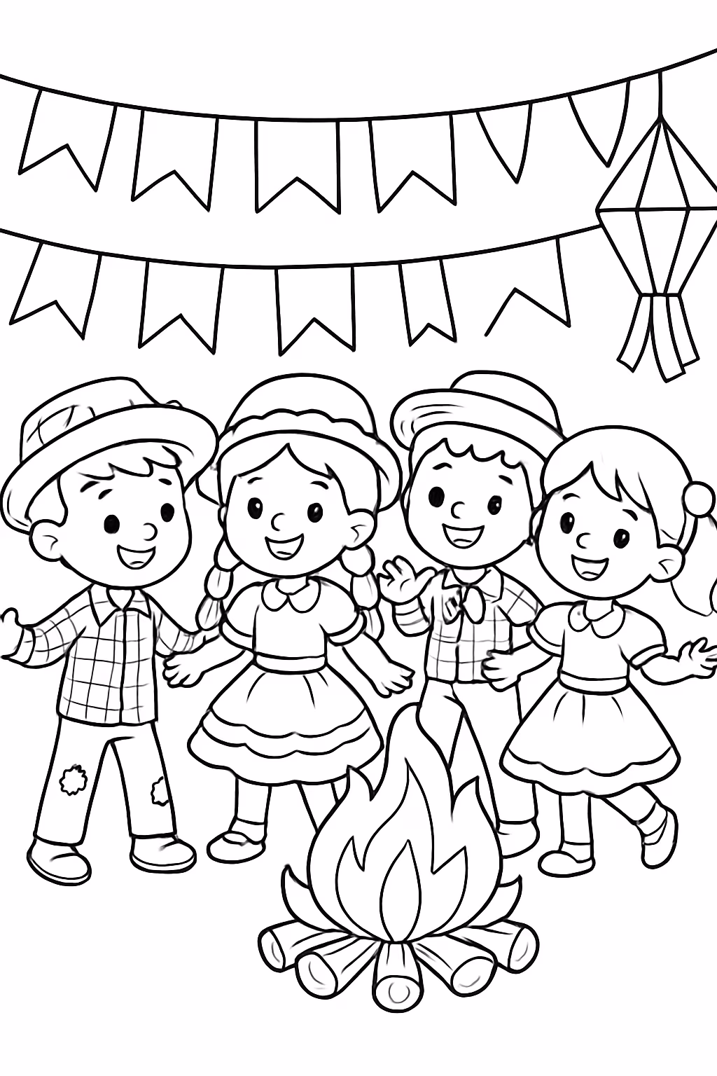 Criancas na festa junina para colorir — desenho para imprimir