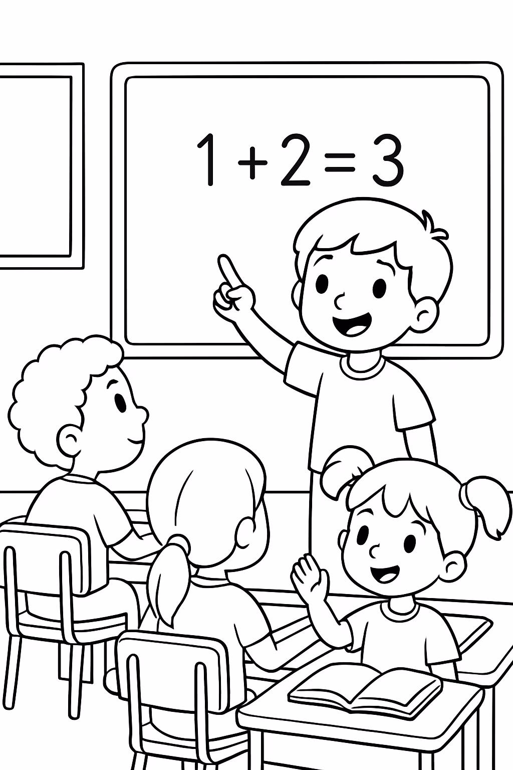Criancas na sala de aula sendo uma crianca ensinando a para colorir — desenho para imprimir