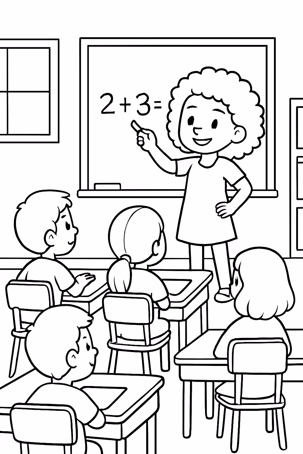 Criancas na sala de aula sendo uma menina de cabelos para colorir — desenho para imprimir