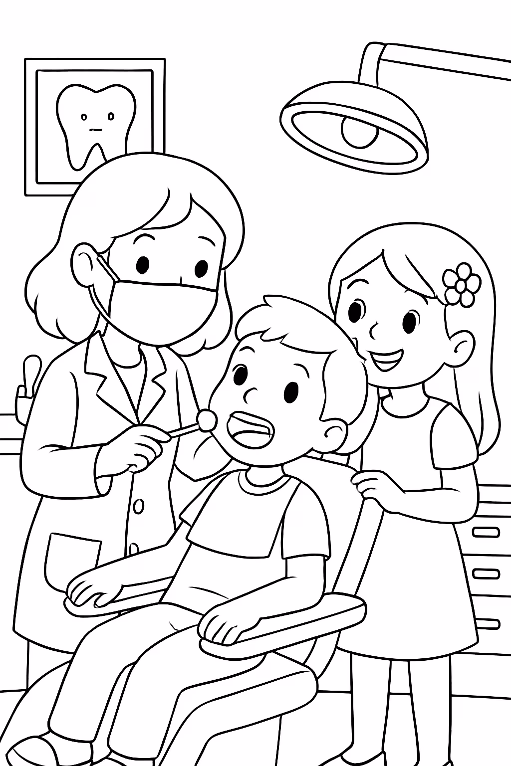 Criancas no dentista estilo bobbie goods com muitos detalhes para colorir — desenho para imprimir