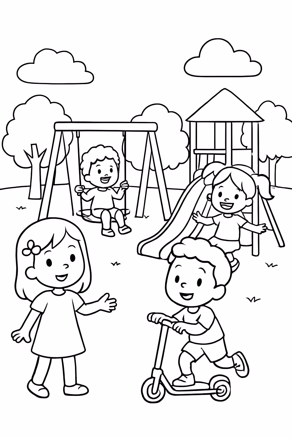 Criancas no paeque para colorir — desenho para imprimir