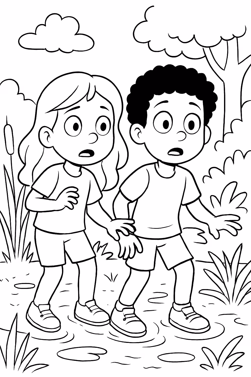 Criancas no pantano com cara de suspense incluir menino negrao para colorir — desenho para imprimir