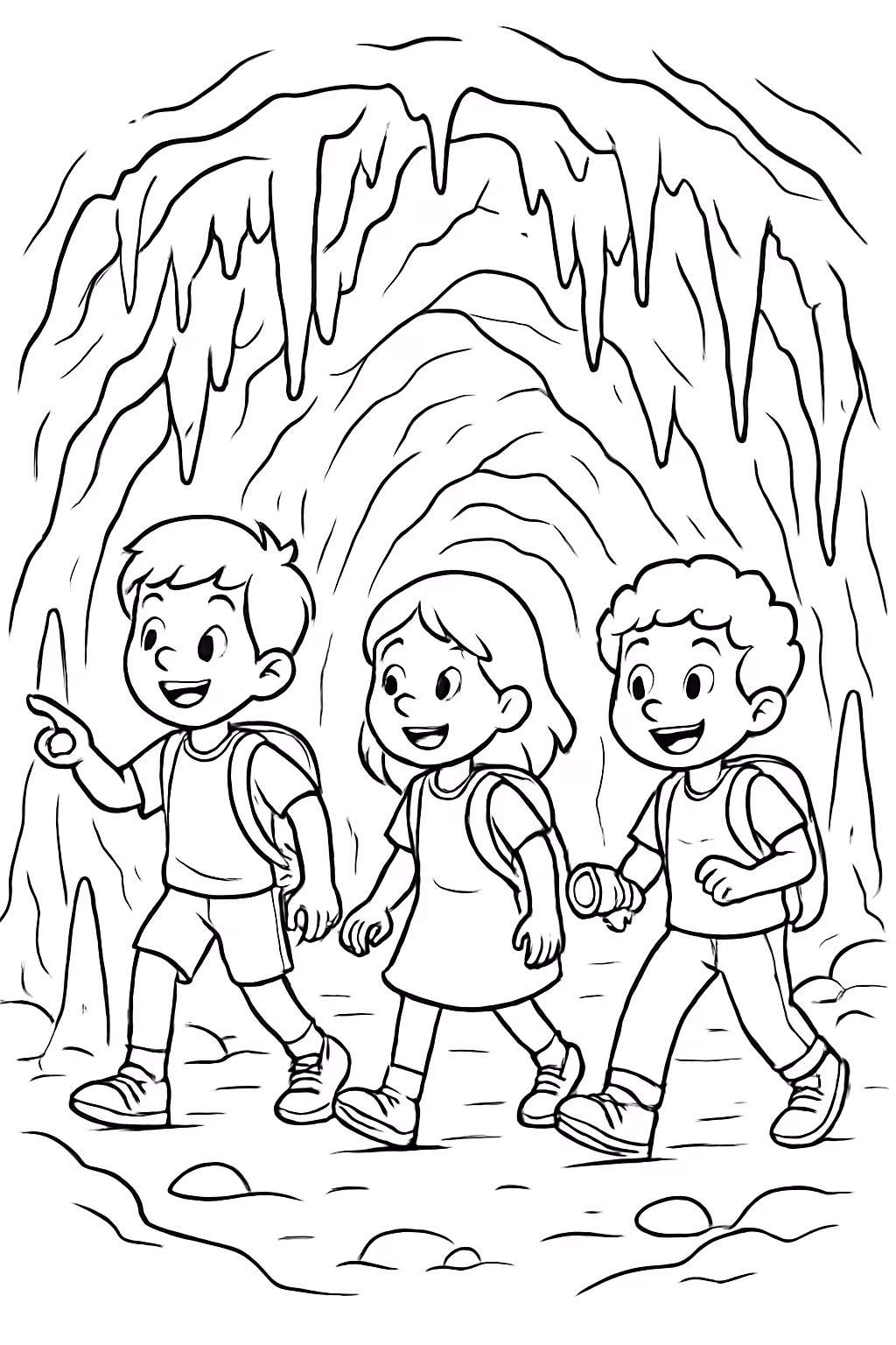 Criancas passeando e explorando em caverna com estalactites para colorir — desenho para imprimir