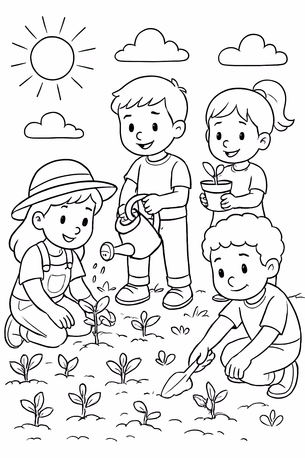 Criancas plantando hortas para colorir — desenho para imprimir