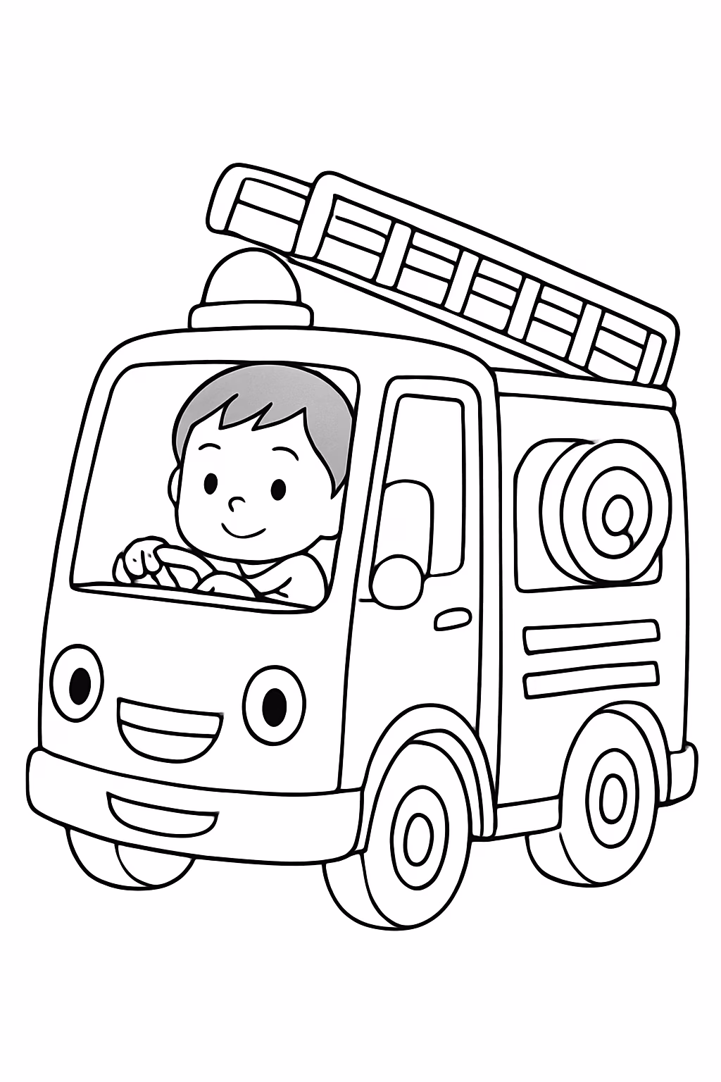 Criar um de caminhao de bombeiro feliz dirigido por um para colorir — desenho para imprimir