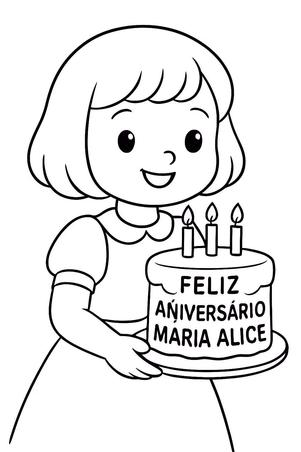 Criar uma boneca com o cabelo pequeno e um bolo para colorir — desenho para imprimir