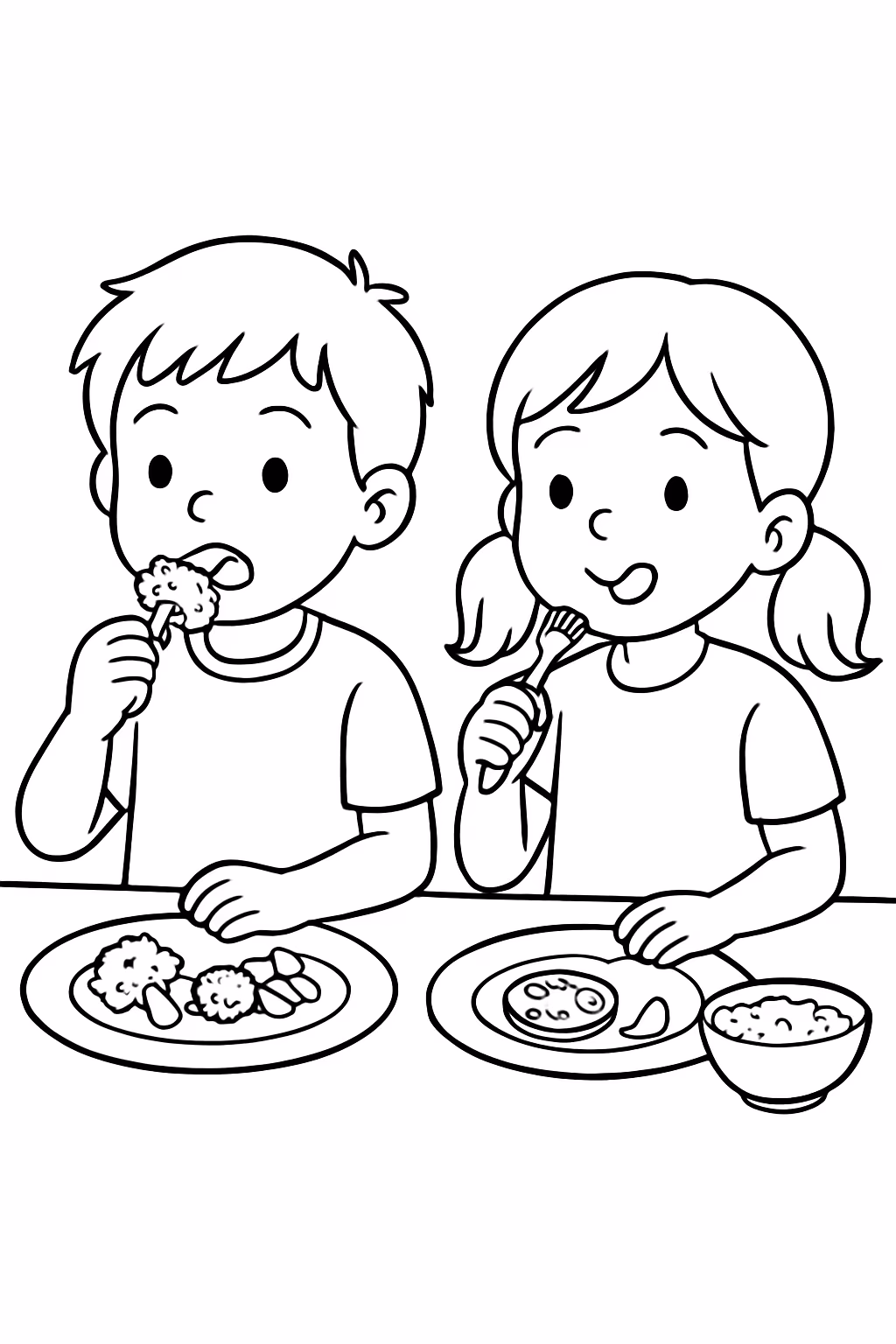 Crie criancas experimentando novos alimentos para colorir — desenho para imprimir