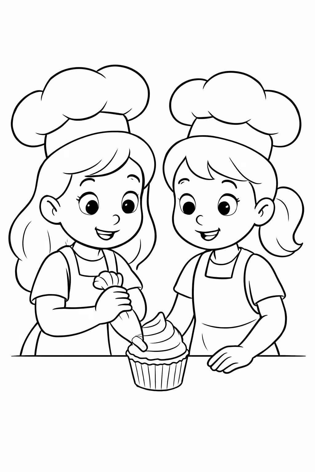 Crie duas amiguinhas confeiteiras fazendo cupcake para colorir — desenho para imprimir