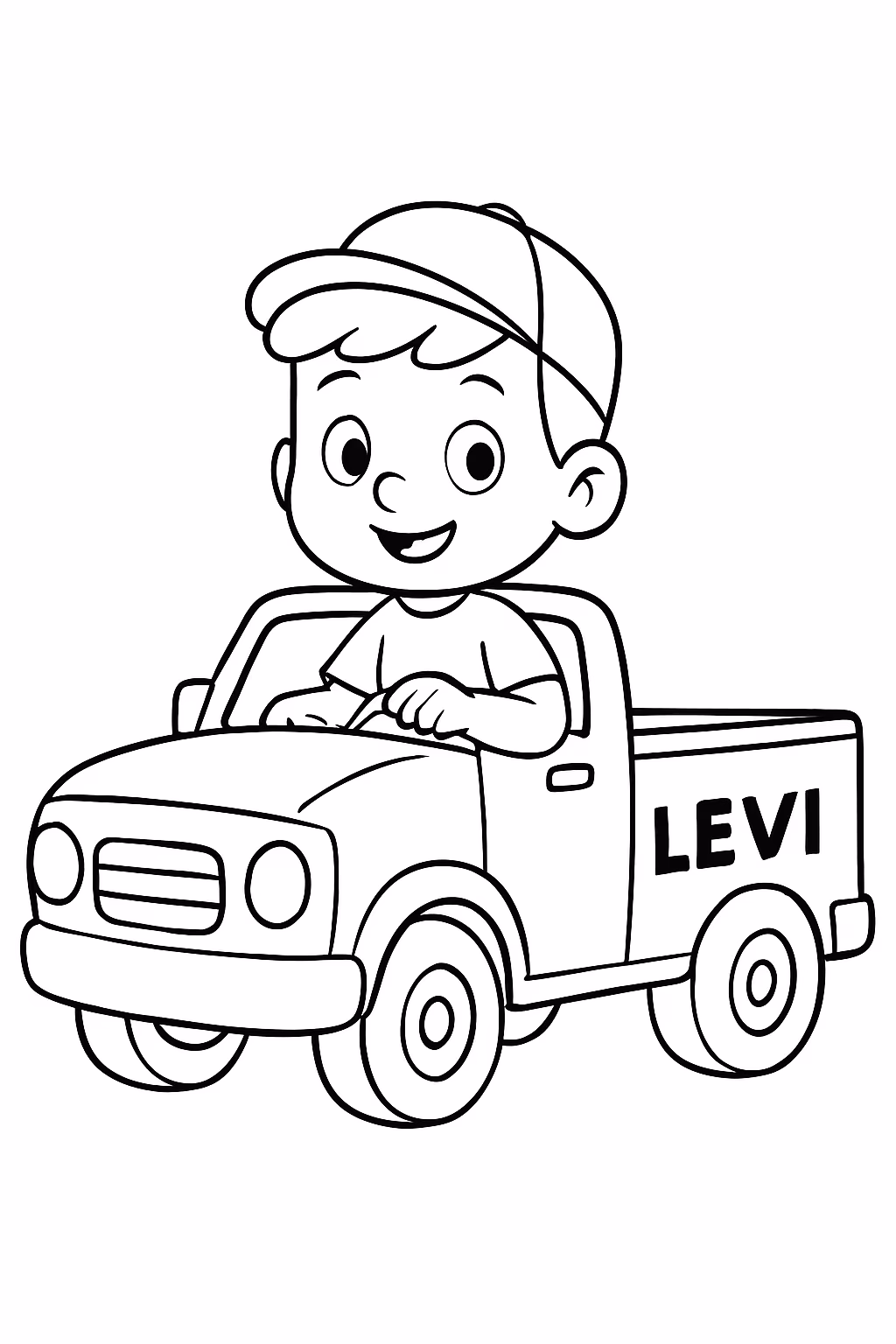 Crie um menino com caminhonete escrito levi para colorir — desenho para imprimir