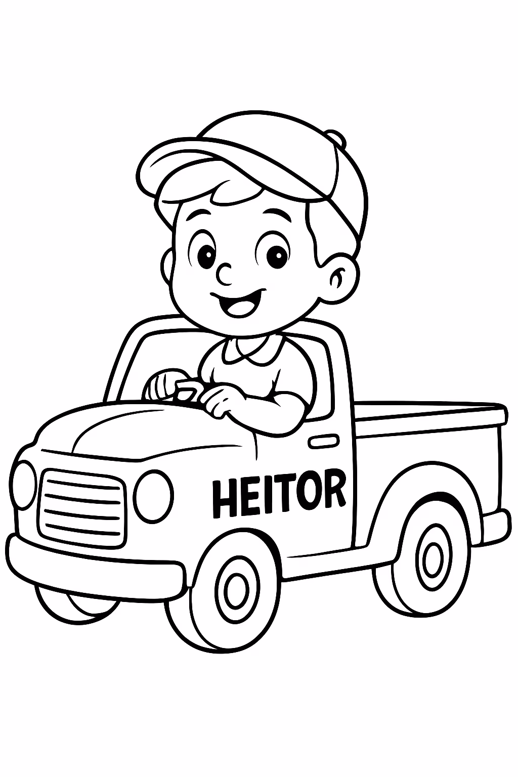 Crie um menino com camionete escrito heitor para colorir — desenho para imprimir