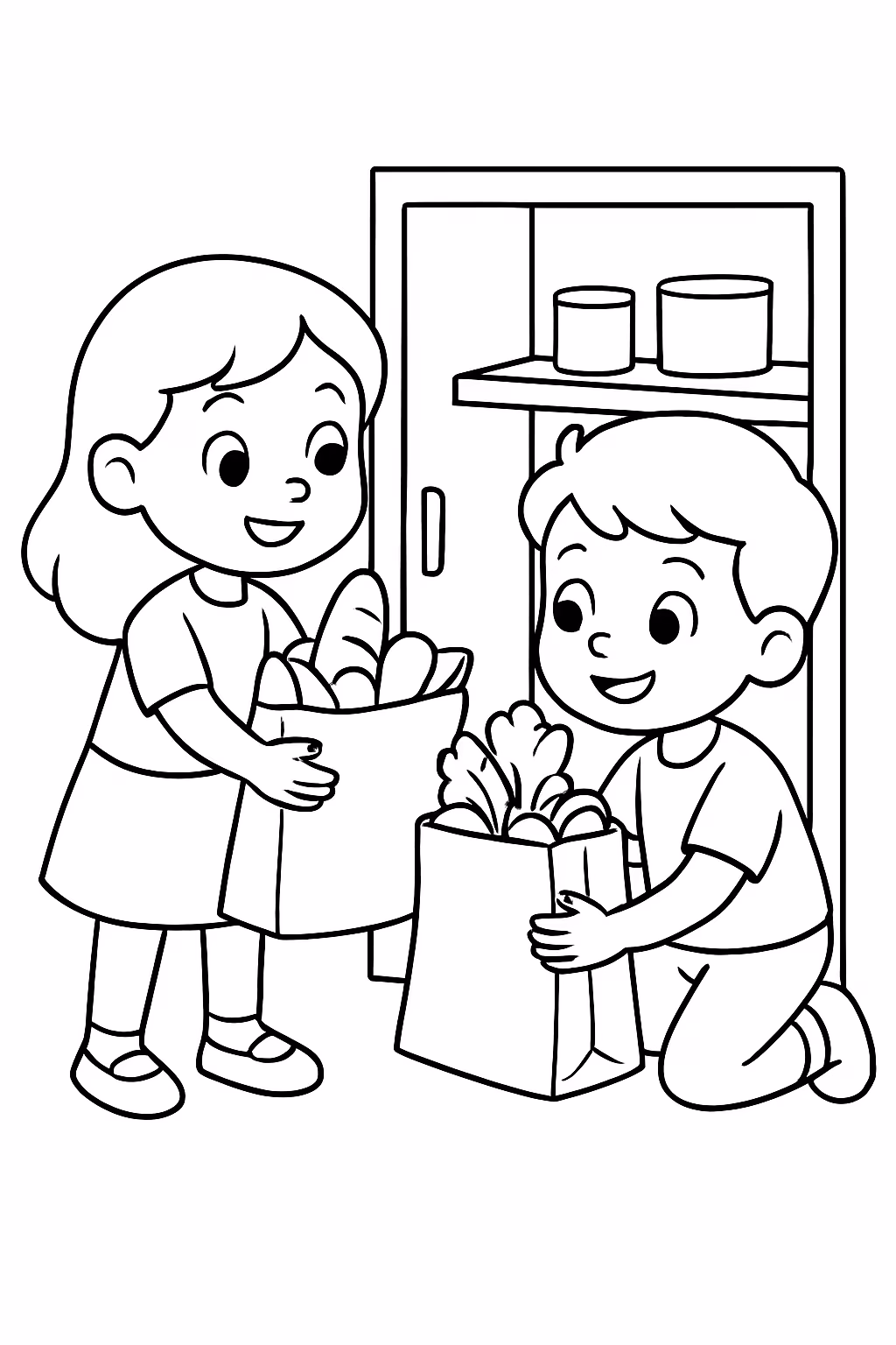 Crie uma menina e um menino ajudando a guardar compras para colorir — desenho para imprimir