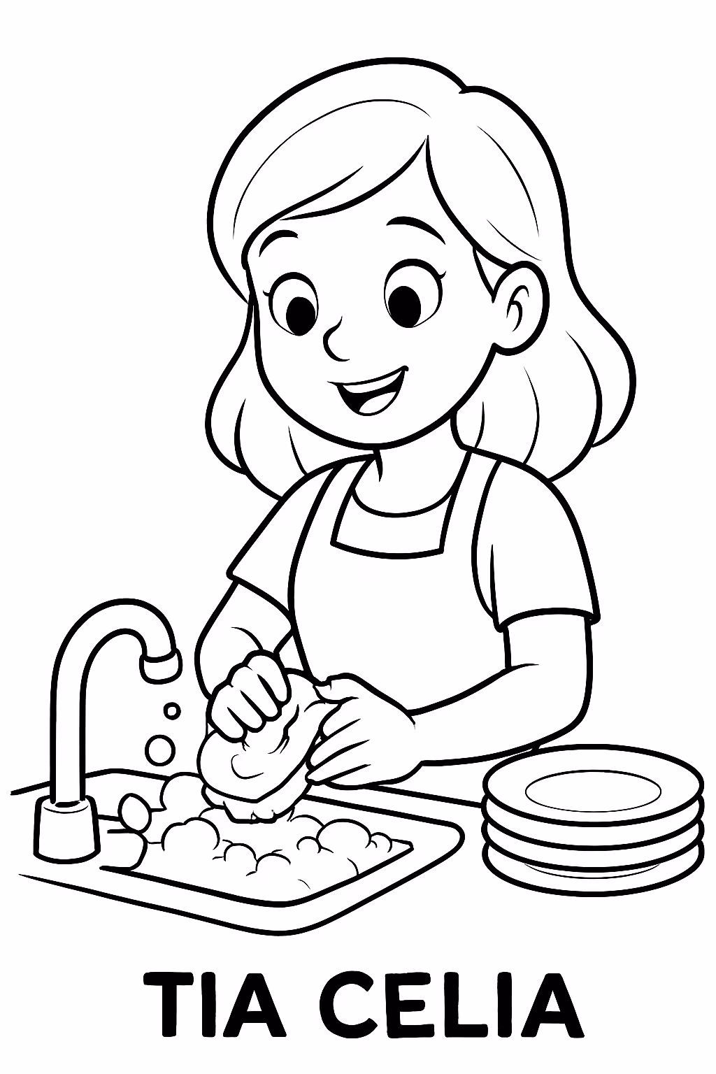 Crie uma moca lavando a louca e escreve em negrito para colorir — desenho para imprimir