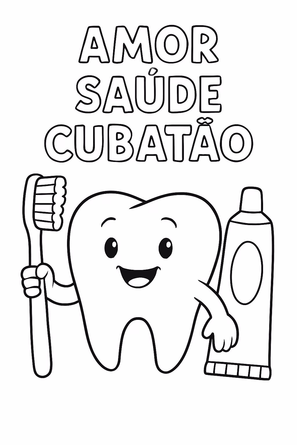 Dente com escova de dente e pasta ao lado em para colorir — desenho para imprimir