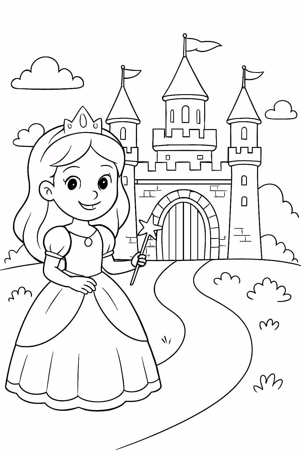 Desenha uma princesa com uma vara magica a porta de para colorir — desenho para imprimir