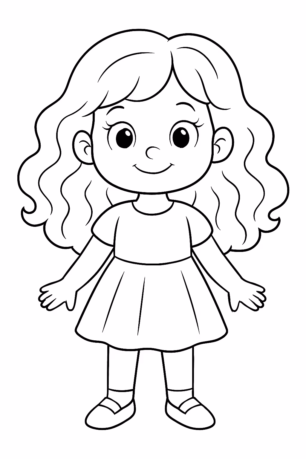 Desenhe uma menina de anos cabelo grandens ondulados para colorir — desenho para imprimir