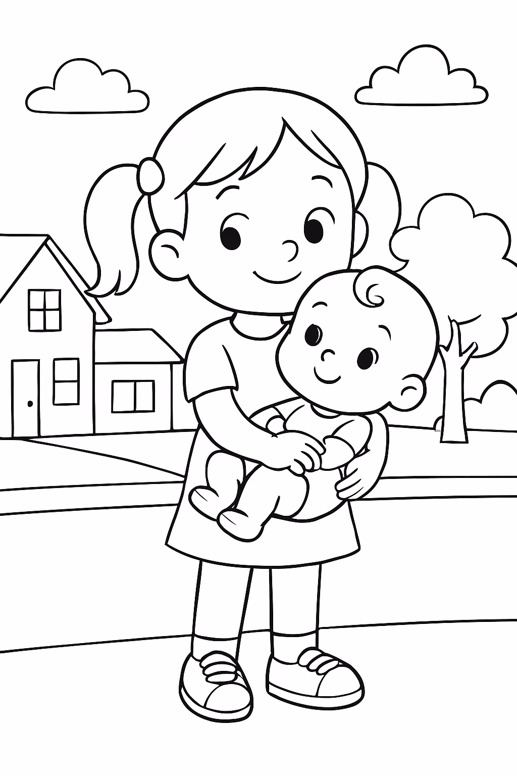 Desenhe uma menina de anos com um bebe de ano para colorir — desenho para imprimir