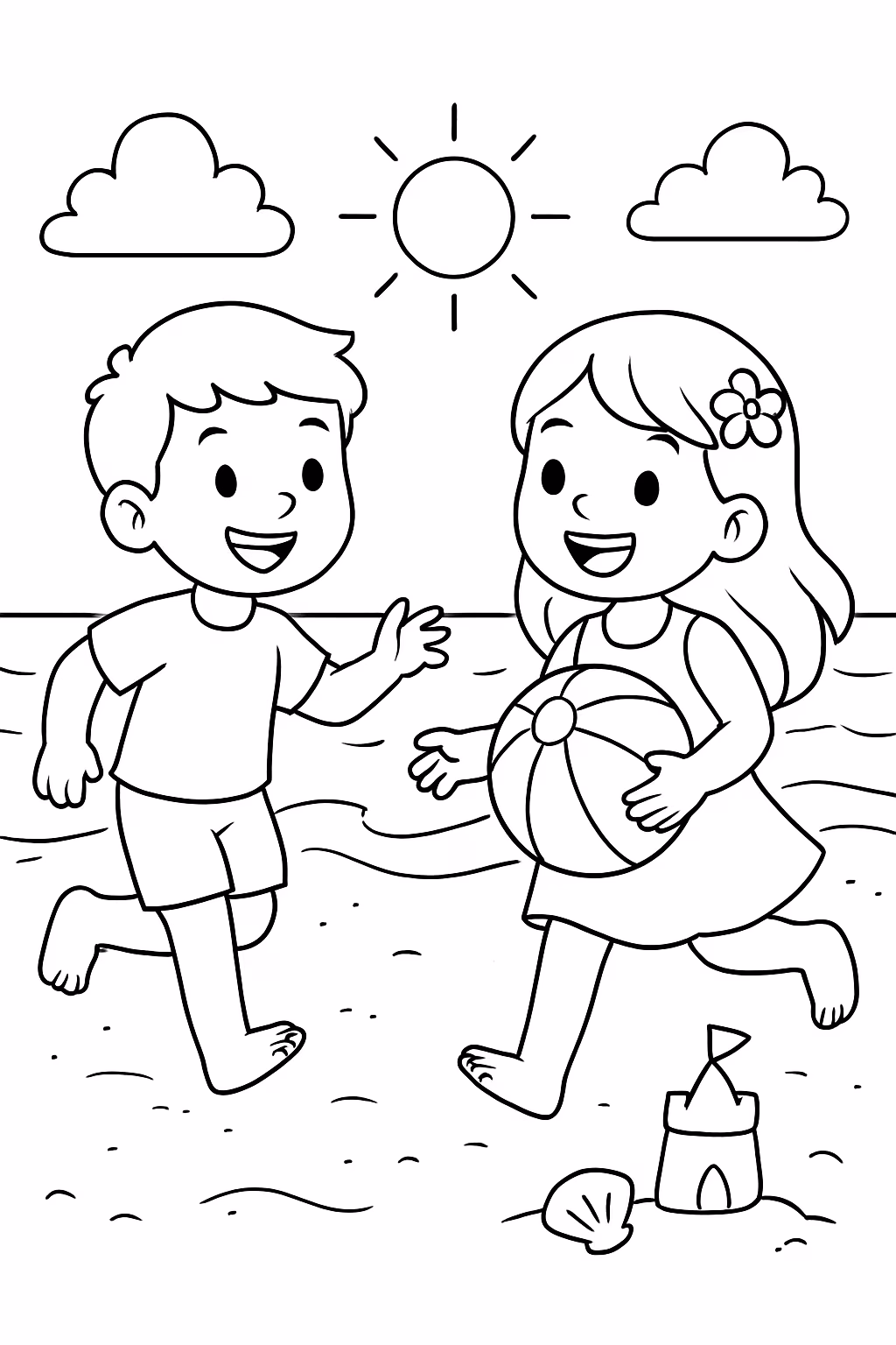 De um menino e uma menina brincando na praia em para colorir — desenho para imprimir