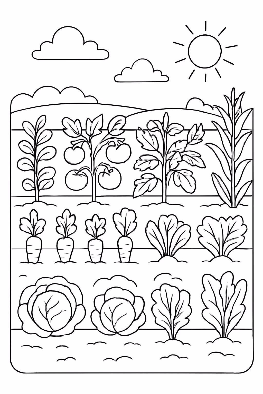 De uma horta cheia de plantacoes para colorir — desenho para imprimir