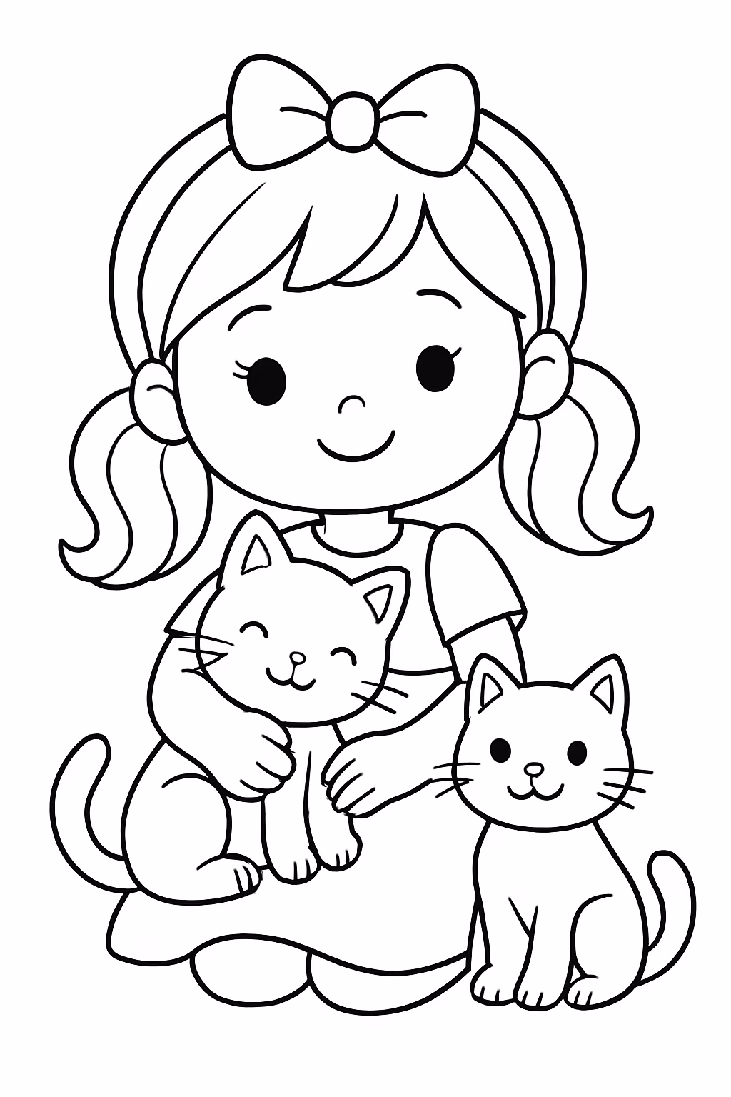 Fofo de menina com gatos para colorir — desenho para imprimir