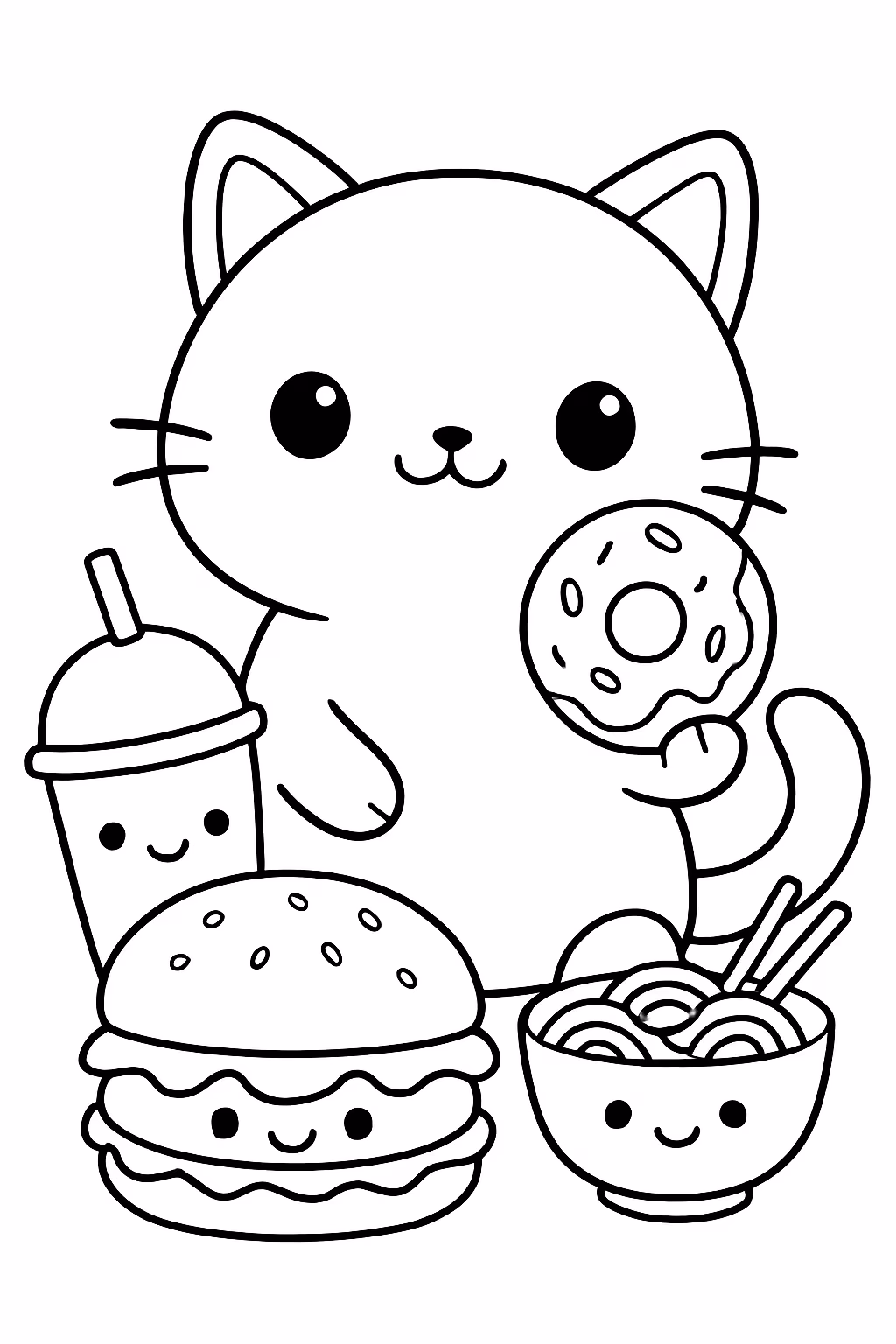 Kawaii com gato e comidas para colorir — desenho para imprimir