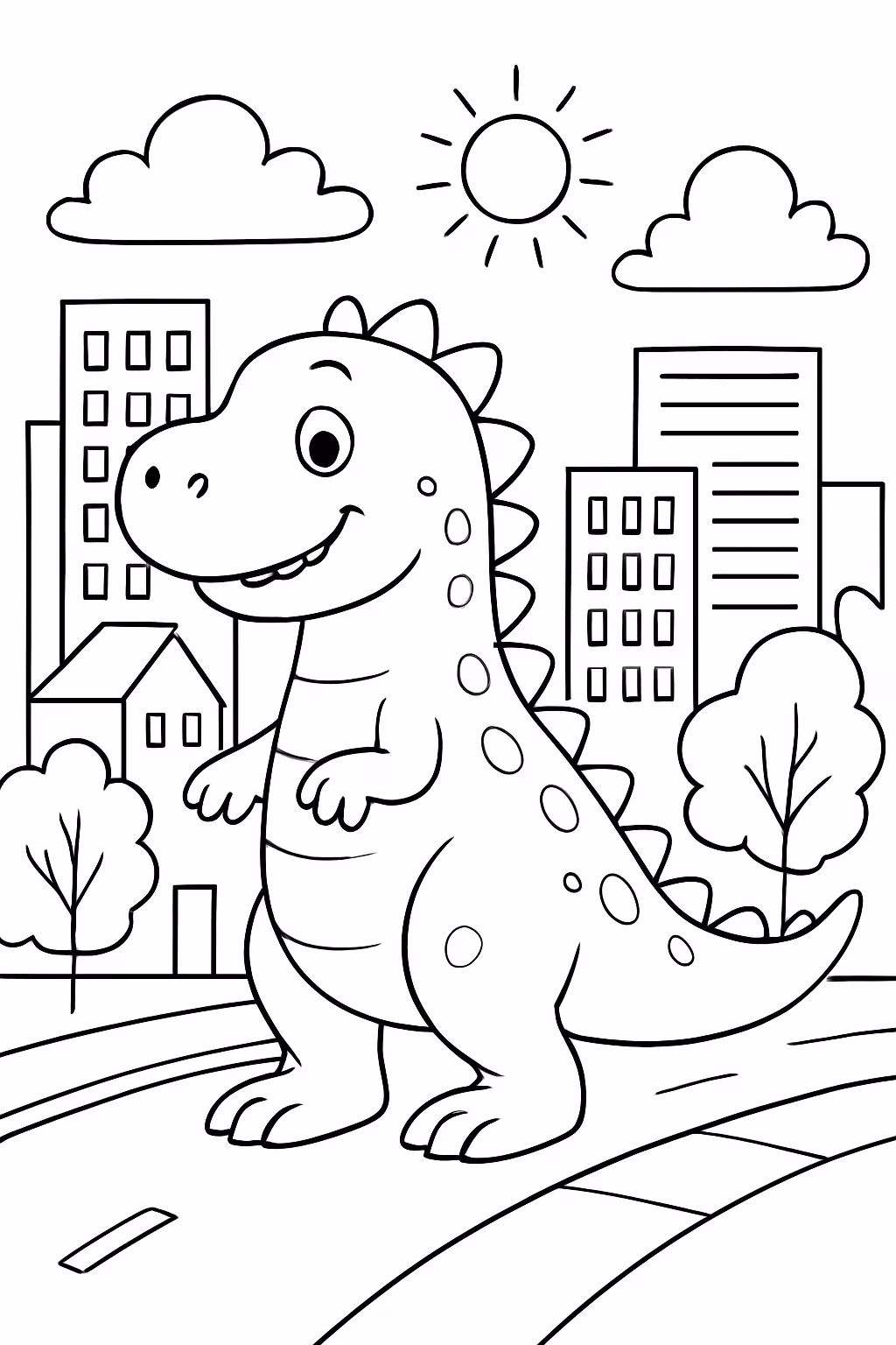 Dinosauro na cidade para colorir — desenho para imprimir