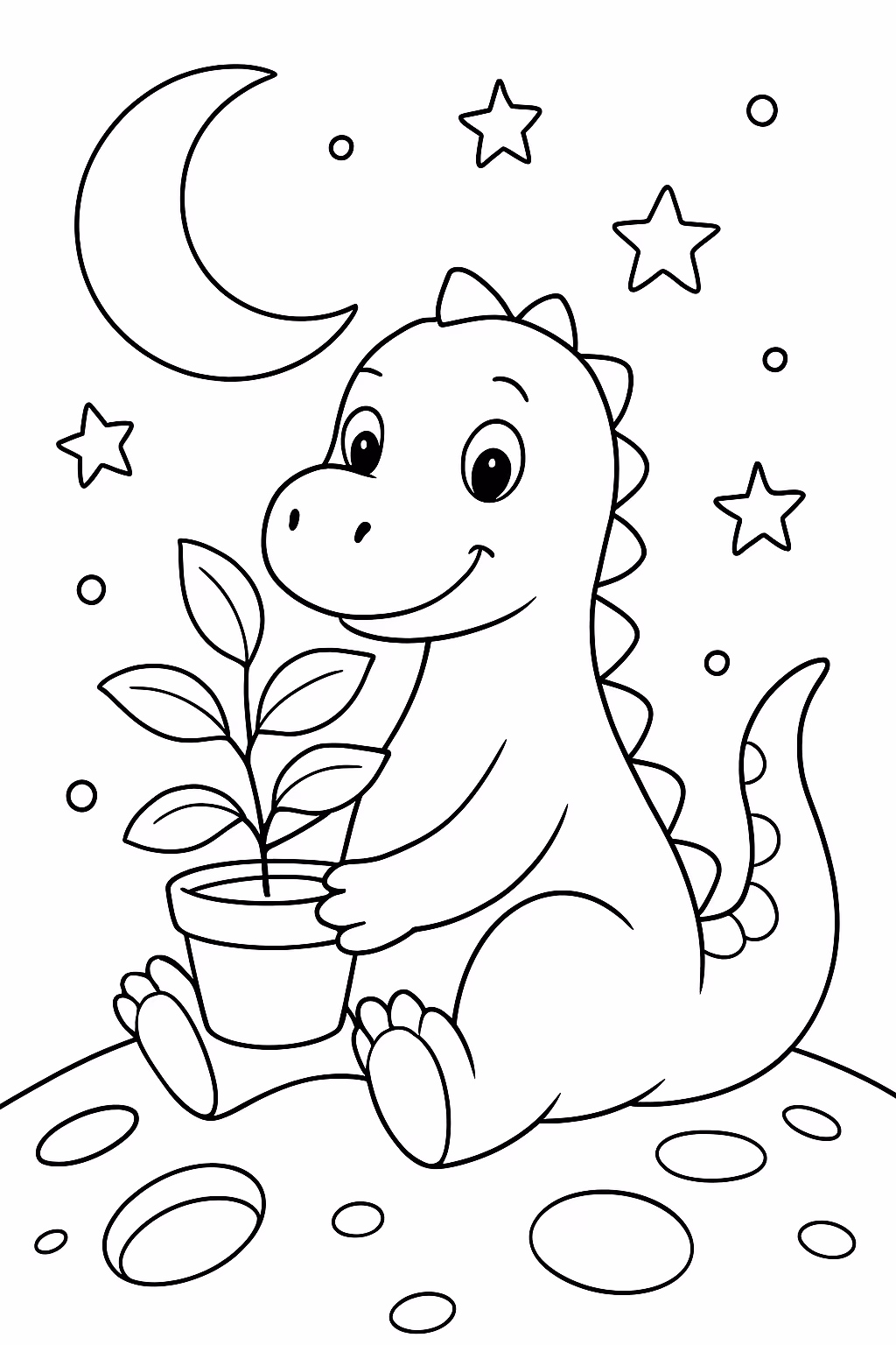 Dinosauro na lua com uma planta para colorir — desenho para imprimir