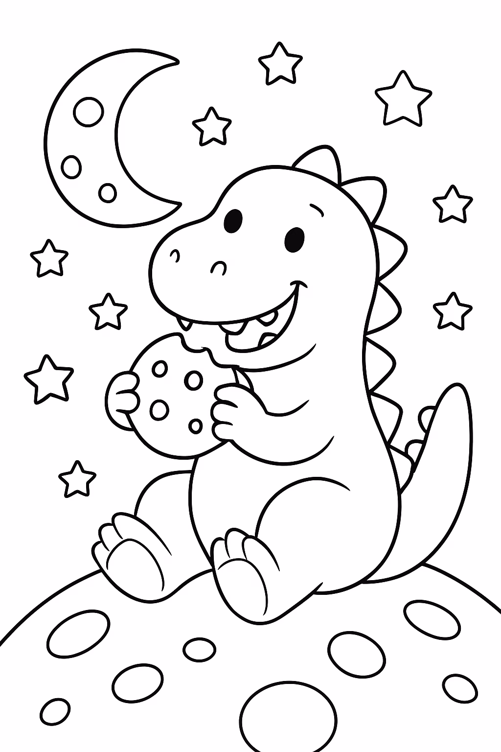 Dinosauro na lua comendo um biscoito para colorir — desenho para imprimir
