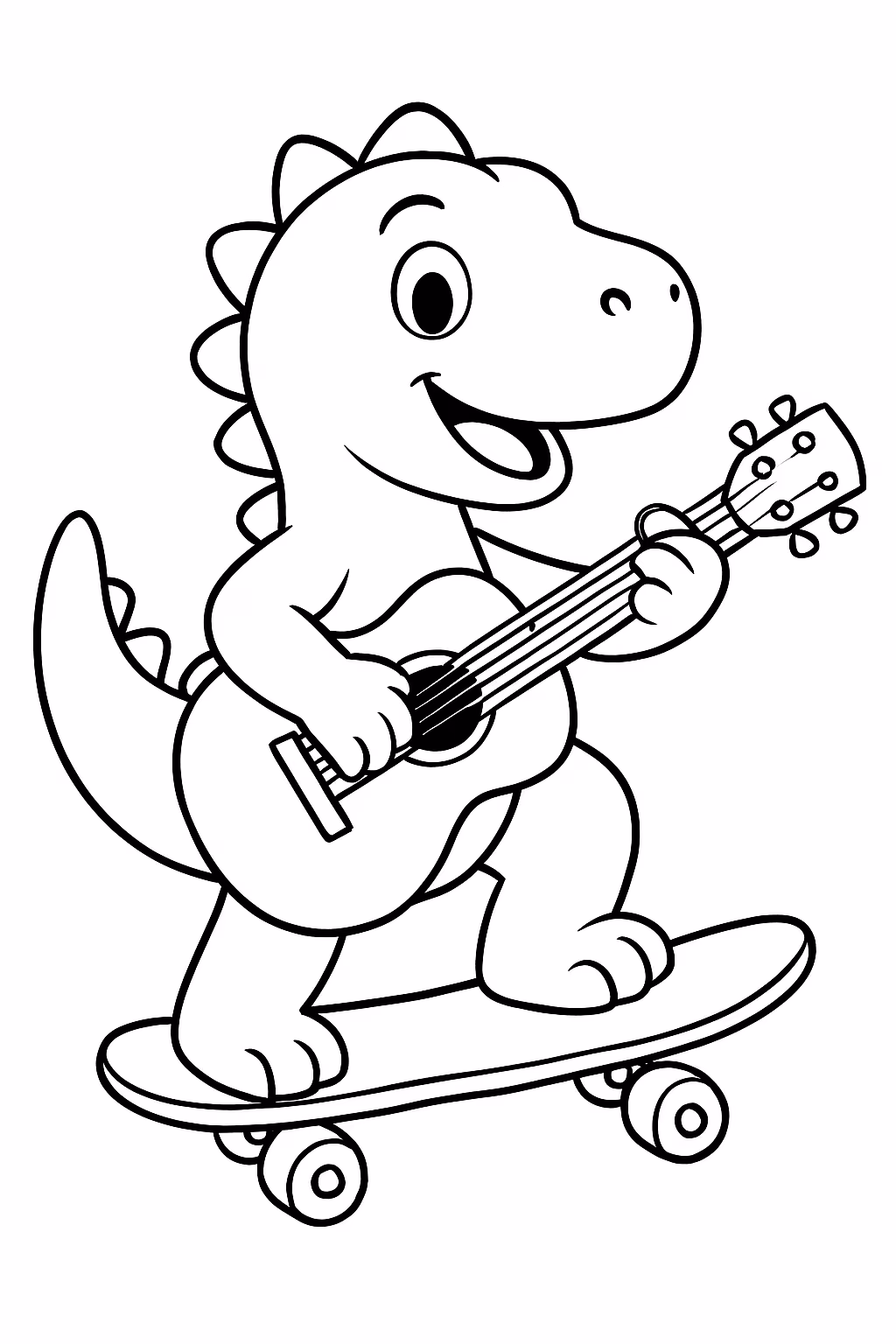 Dinossauro andando de skate e tocando guitarra para colorir — desenho para imprimir