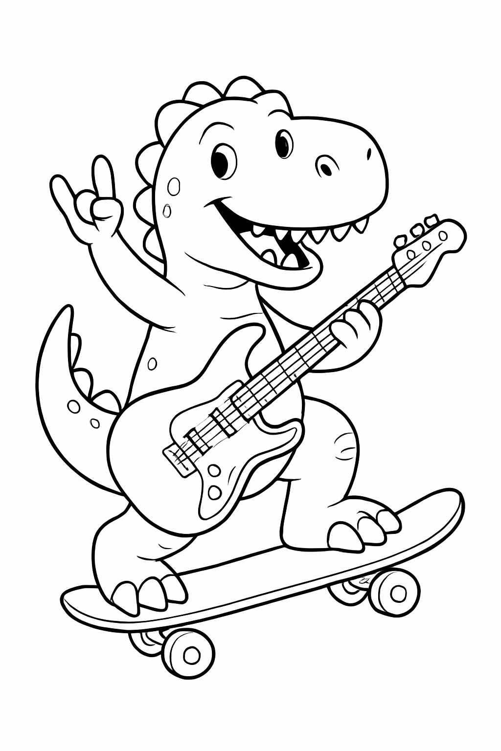 Dinossauro andando de skate e tocando guitarra e rock roll para colorir — desenho para imprimir